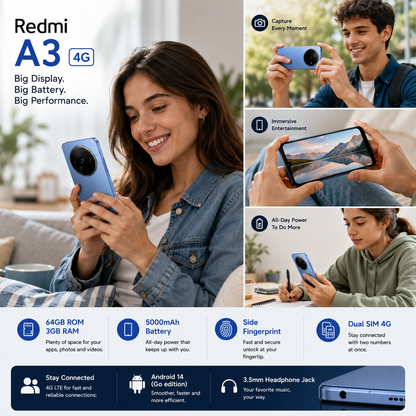 Xiaomi Redmi A3 4G 64GB ROM 3GB RAM Dual SIM GSM Unlocked - Blue