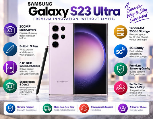 Lavender Galaxy S23 Ultra phone with S Pen and on-screen feature callouts