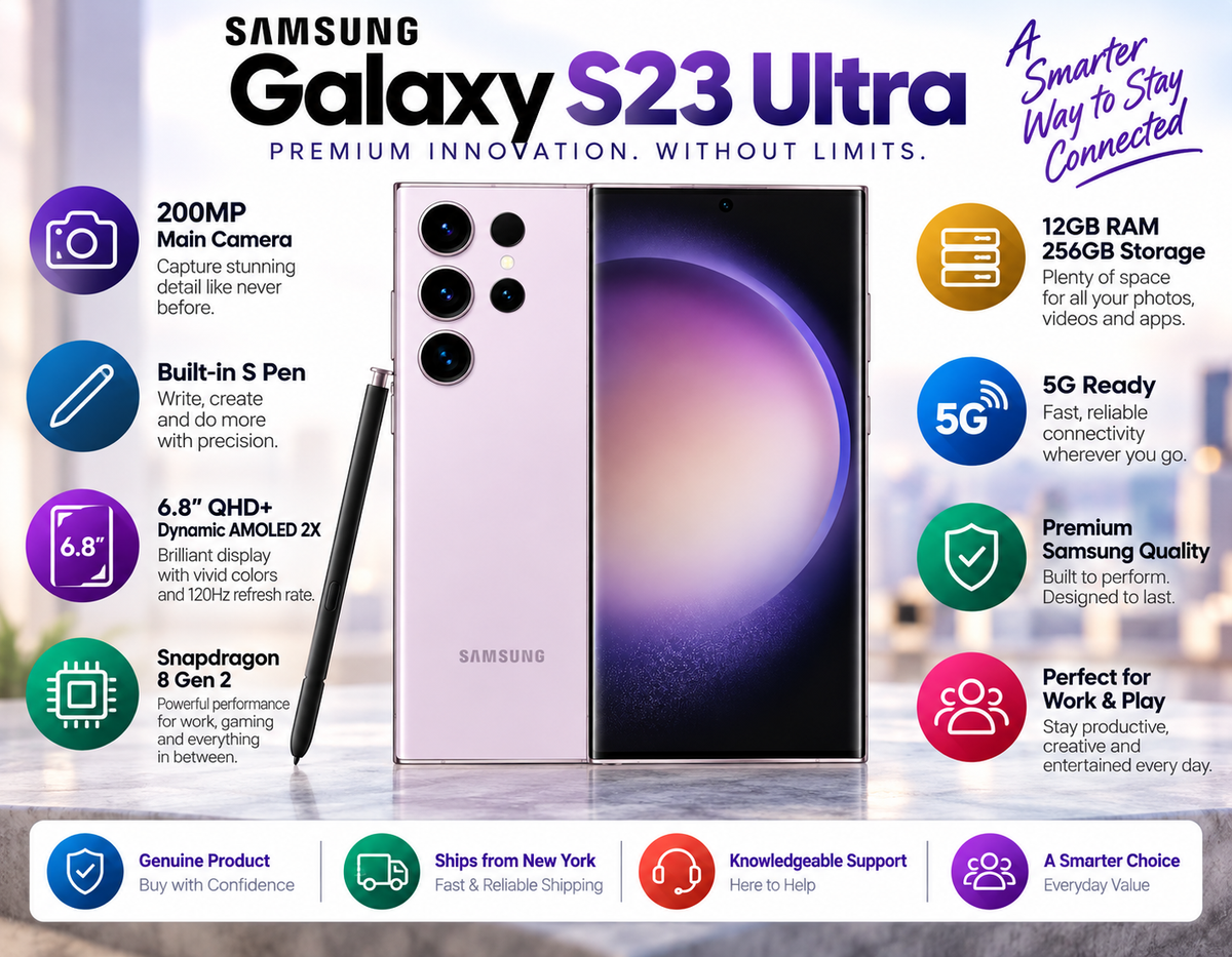 Lavender Galaxy S23 Ultra phone with S Pen and on-screen feature callouts