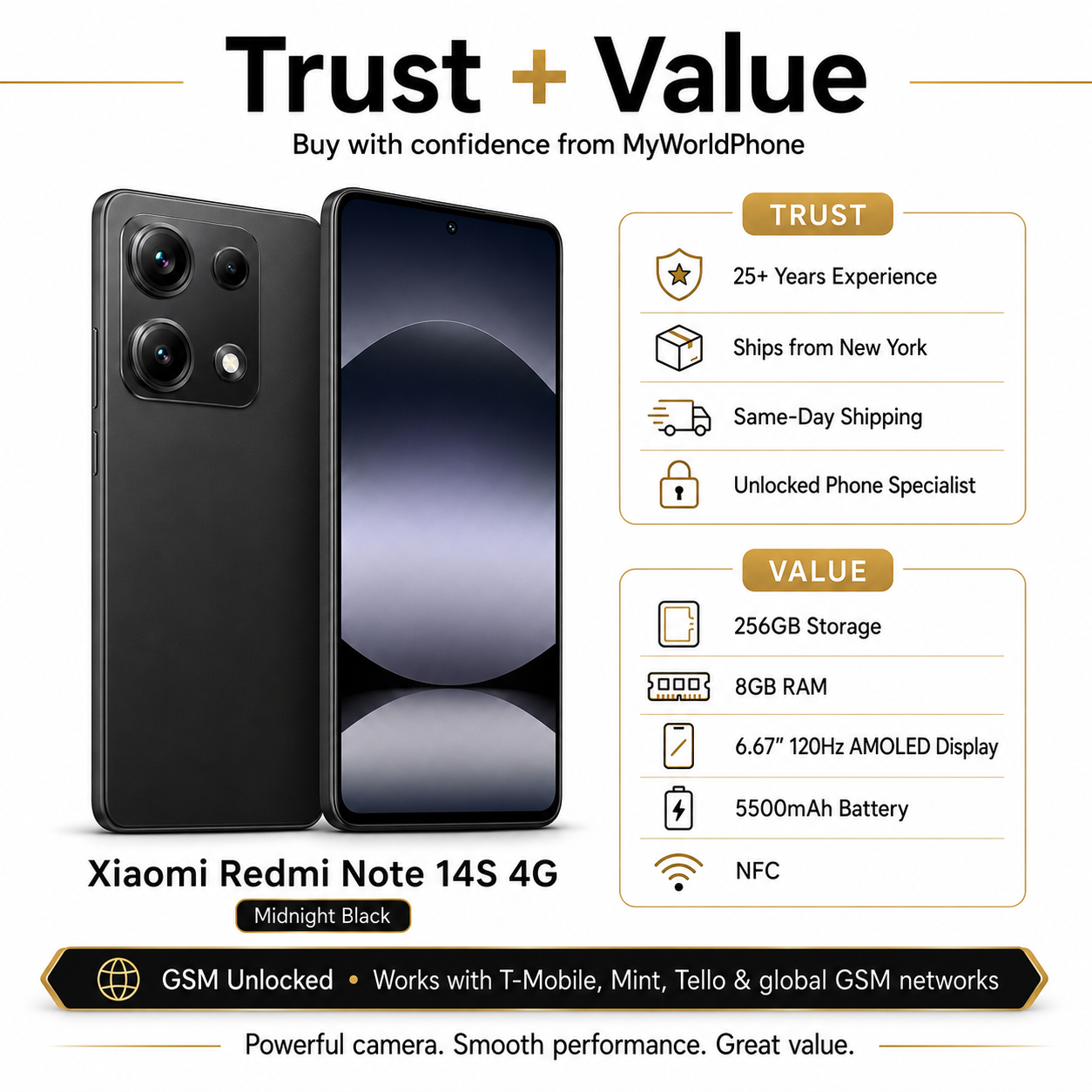Xiaomi Redmi Note 14S 4G 256GB ROM 8GB RAM Dual Sim GSM Unlocked - Midnight Black