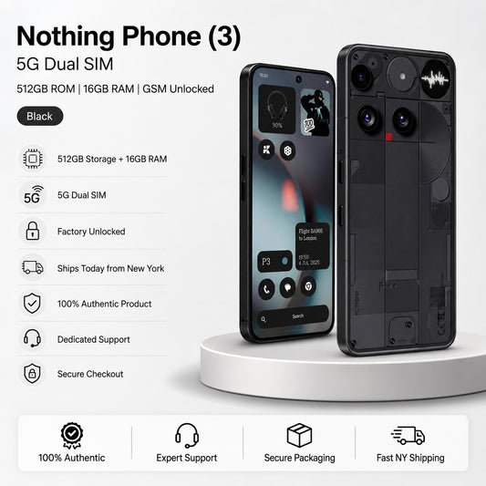 Black Nothing Phone (3) smartphone front and back on a round display stand