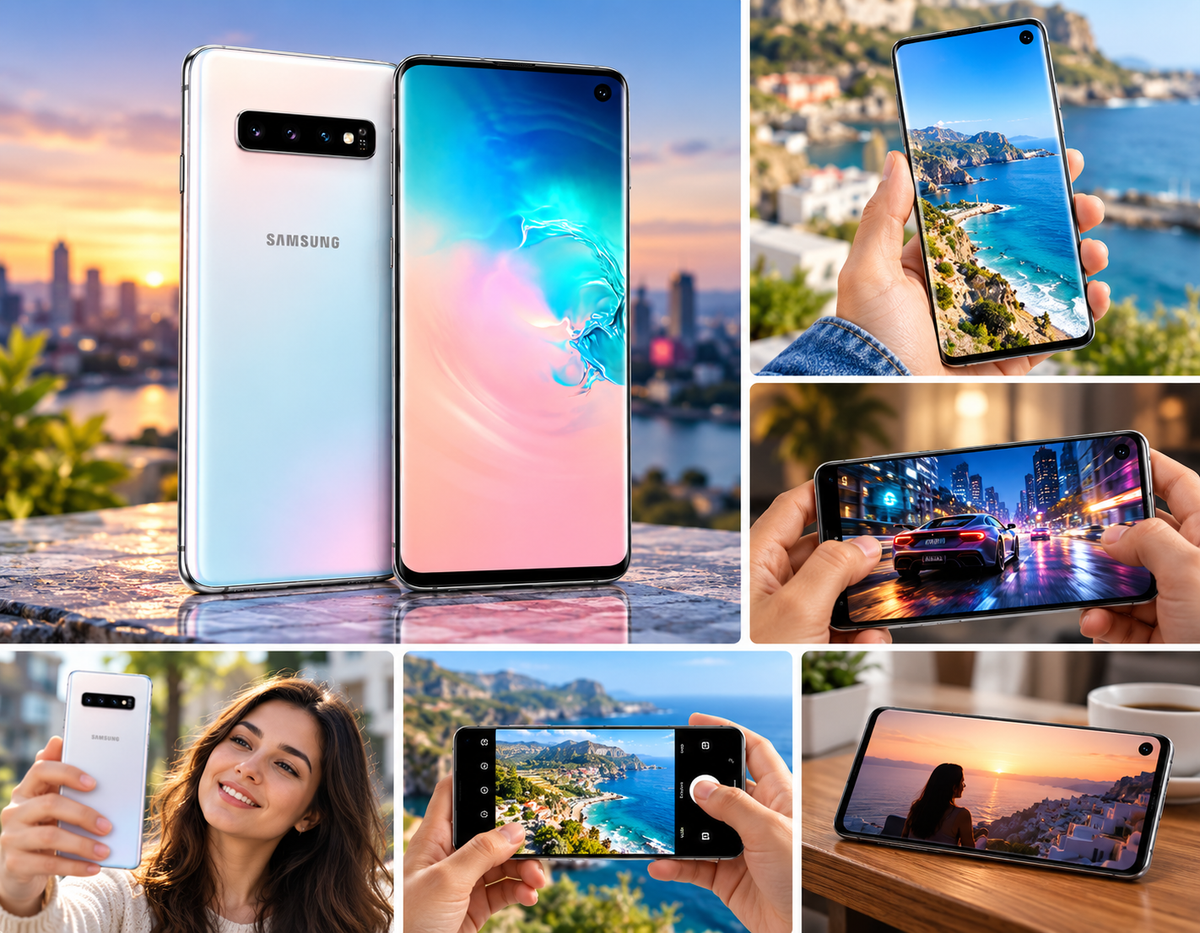 White Samsung Galaxy S10 phone from multiple angles with beach images on the screens.