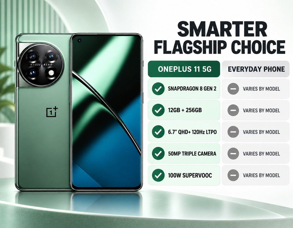 ONEPLUS 11 5G Green smartphone with front screen and triple rear camera module.