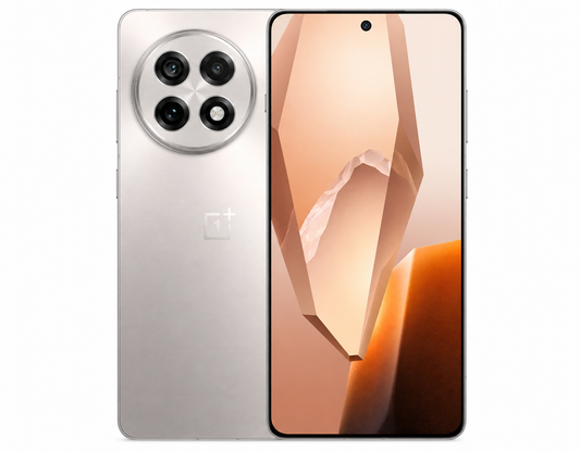 OnePlus 13R 5G Unlocked 5G smartphone with silver back and front screen, dual camera module
