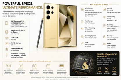 Gold Samsung Galaxy S24 Ultra phone with front and back views, and S Pen stylus