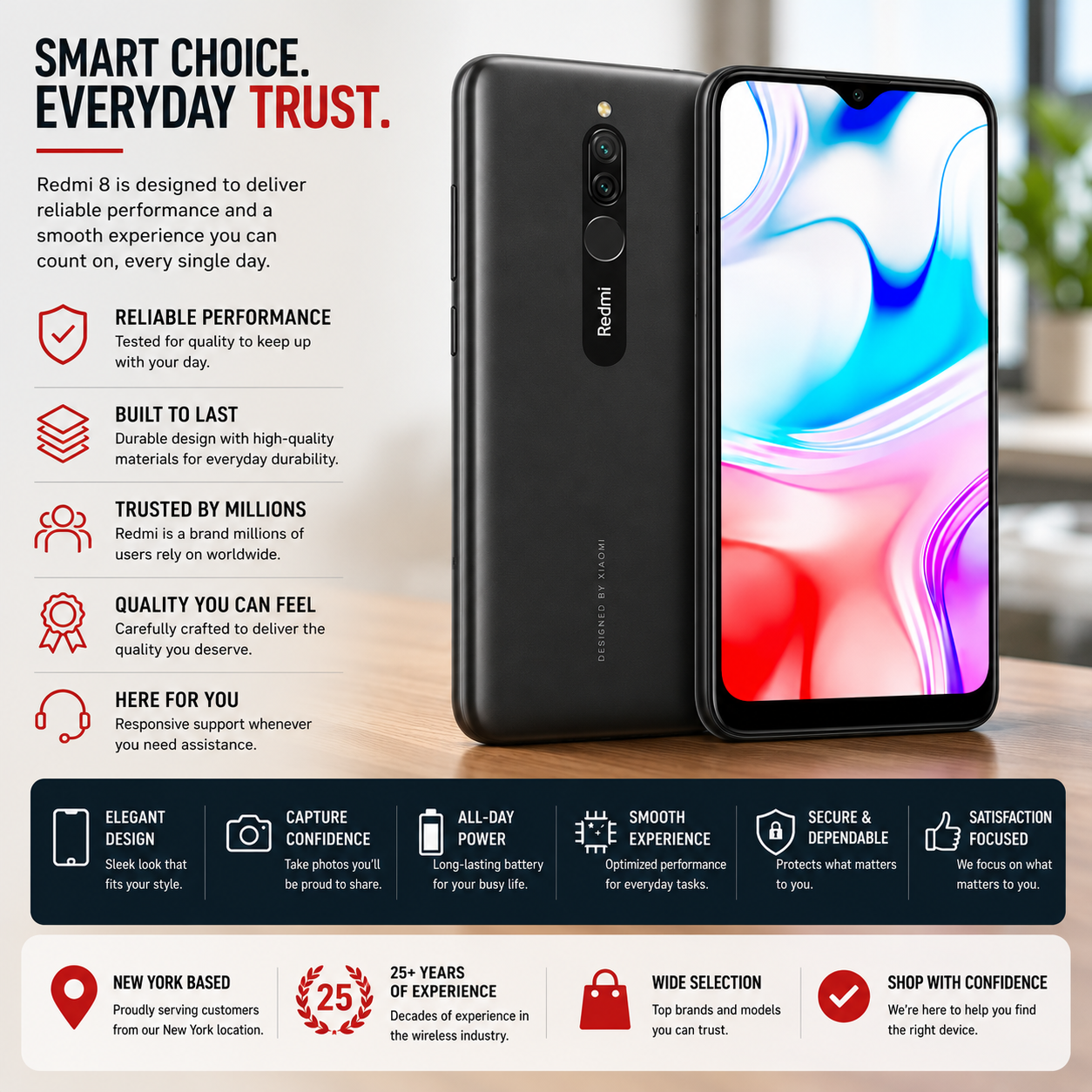 Onyx black Redmi 8 smartphone with rear fingerprint sensor and front screen