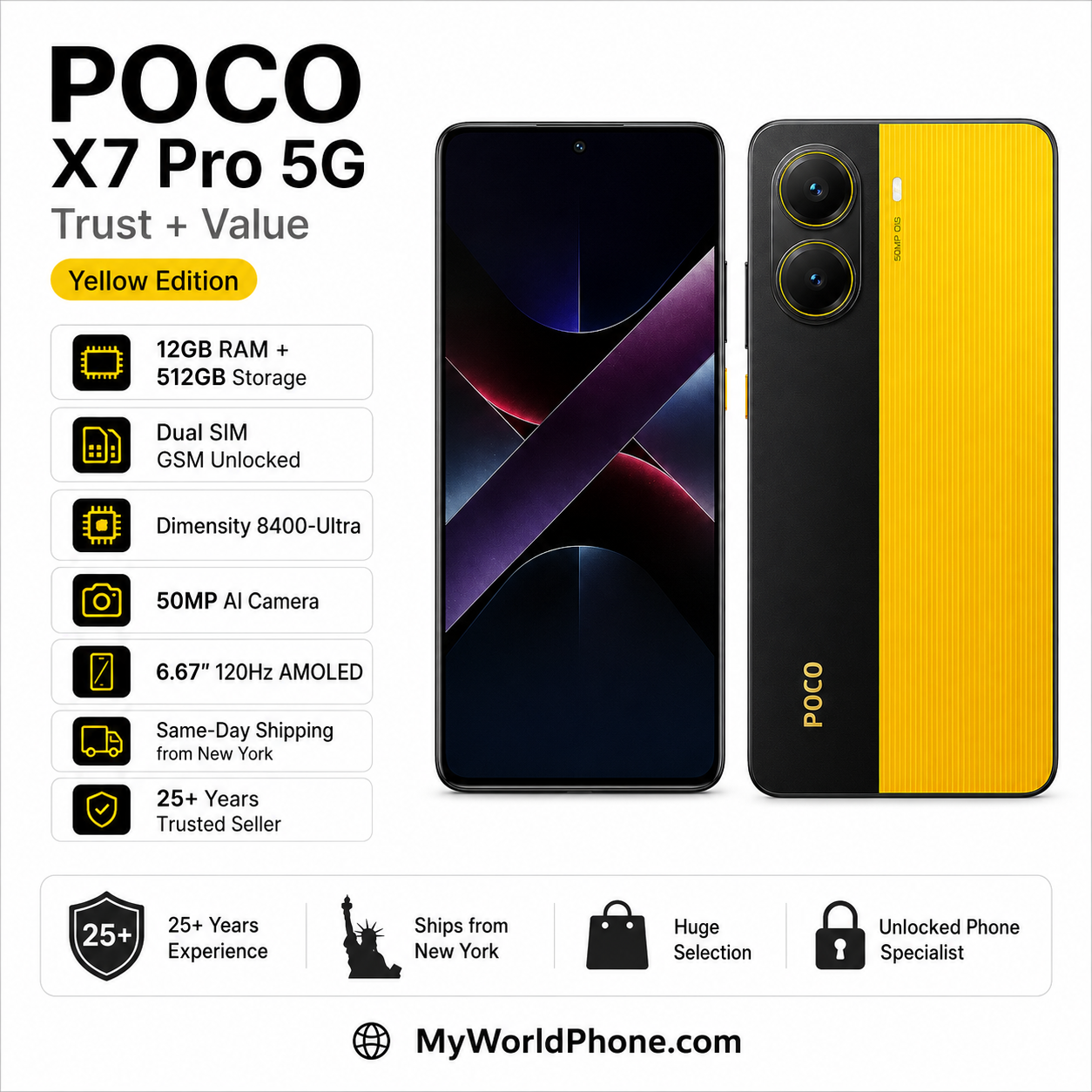 Xiaomi Poco X7 PRO 5G 512GB ROM 12GB RAM Dual SIM GSM Unlocked - Yellow