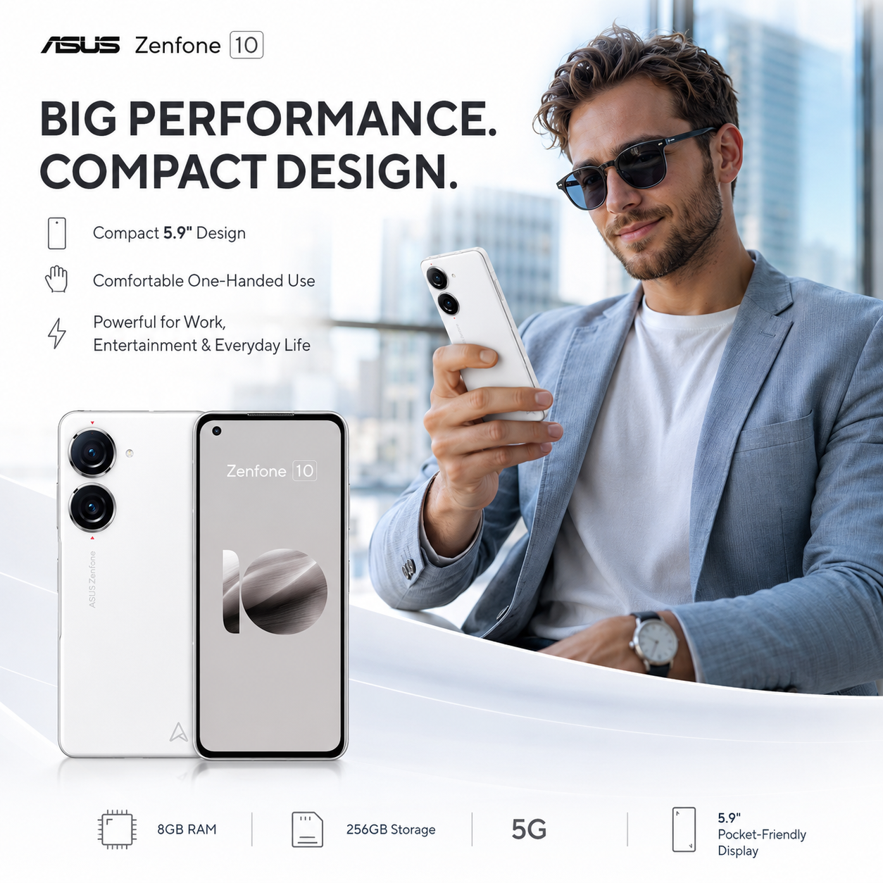 Asus Zenfone 10 AI2302 5G White smartphone in a person’s hand with front display and rear dual cameras