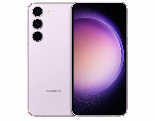 Samsung Galaxy S23 5G Lavender Samsung Galaxy phone with triple rear cameras and curved front display