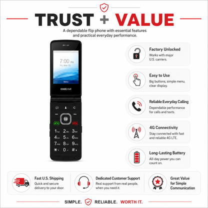 Black flip phone with open front screen and numeric keypad
