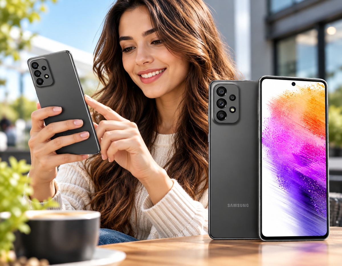 Samsung Galaxy A73 5G  Grey Samsung smartphone in hand with front and back phones on table.