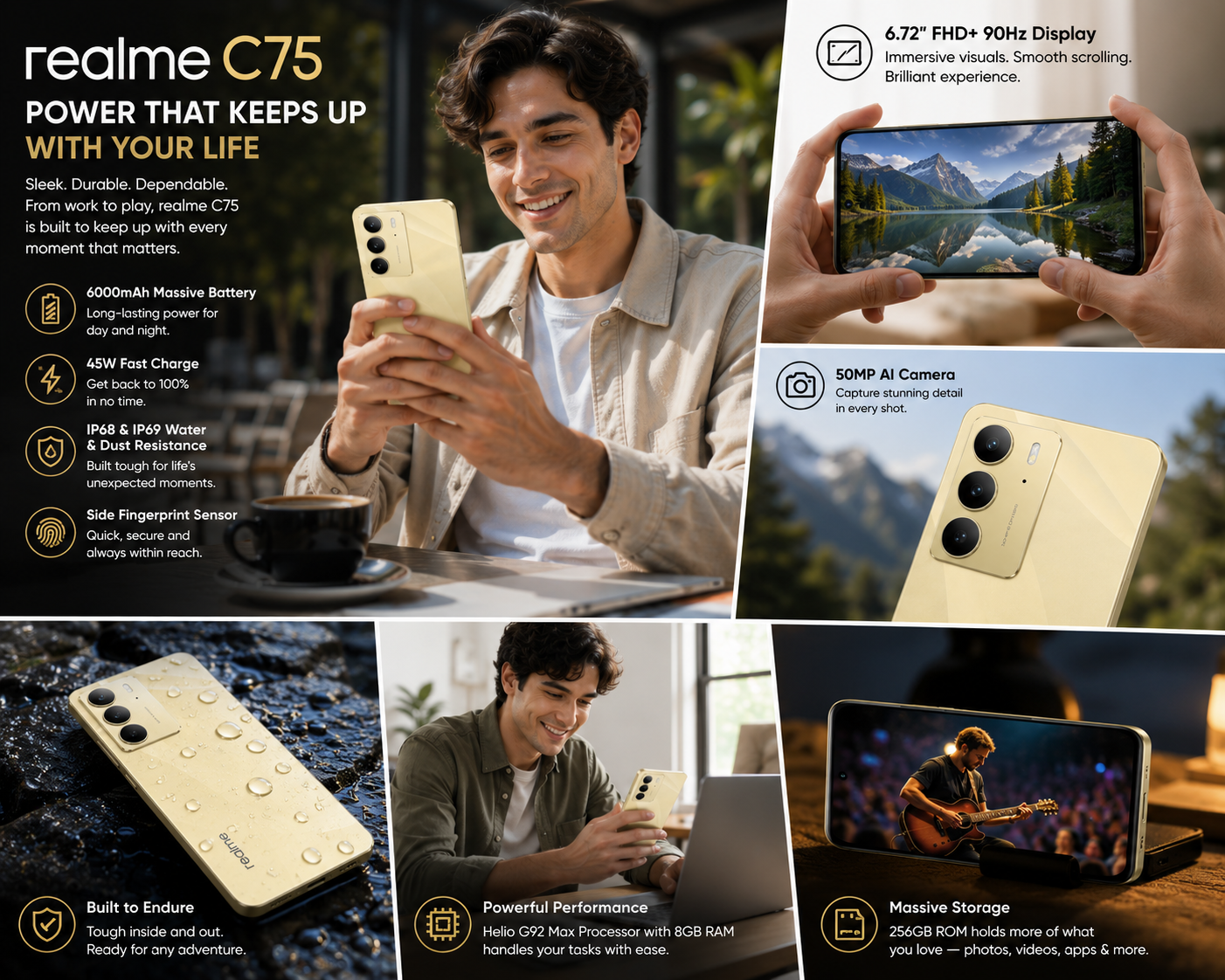 Realme C75 4G  Gold smartphone in hand with front screen, triple rear cameras visible