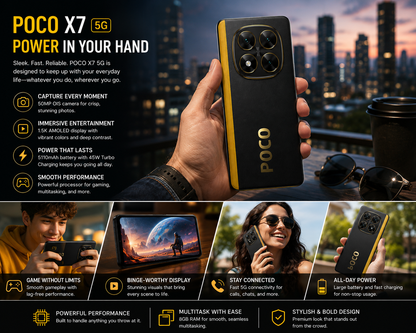 Poco X7 5G smartphone held in hand, rear and side edge visible