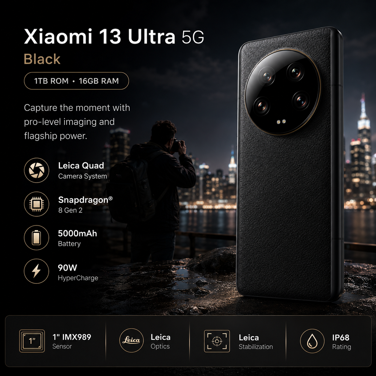 Xiaomi Mi 13 Ultra 5G 1TBGB ROM 16GB RAM Dual SIM GSM Unlocked - Black
