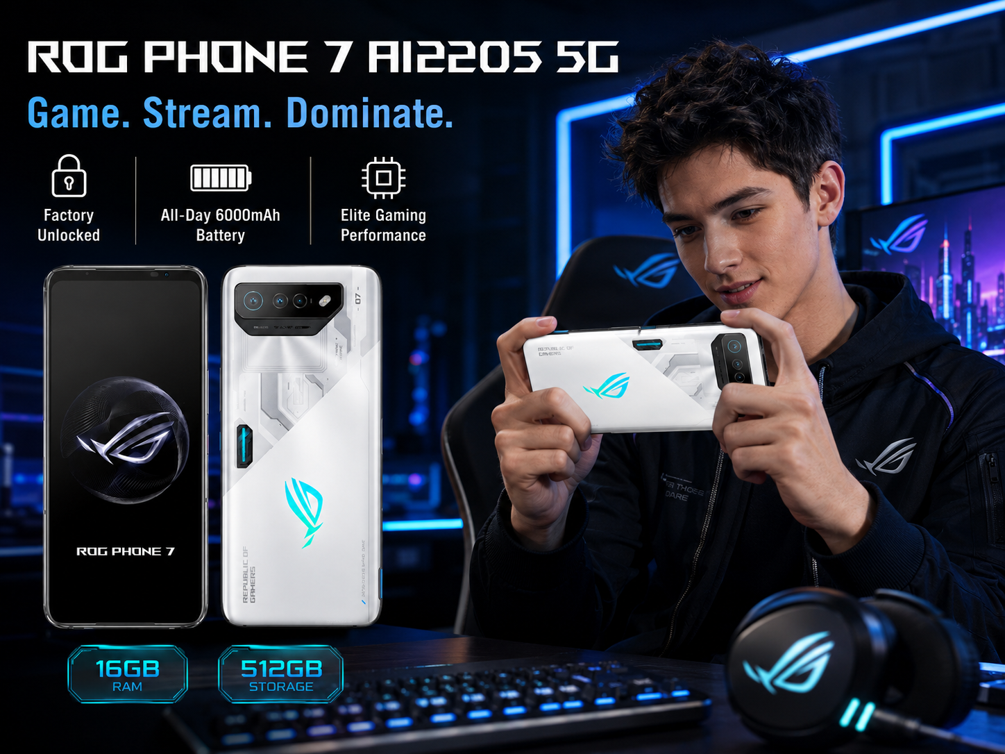 ASUS ROG Phone 7 White gaming smartphone held in hand, black display and triple rear cameras visible