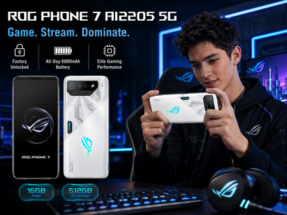 ASUS ROG Phone 7 White gaming smartphone held in hand, black display and triple rear cameras visible
