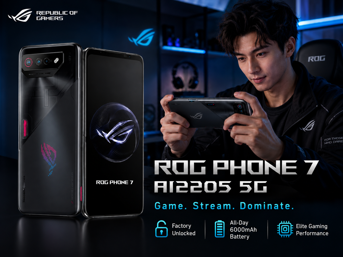 ASUS ROG Phone 7 Black gaming smartphone pair, rear camera module visible; phone shown in hands