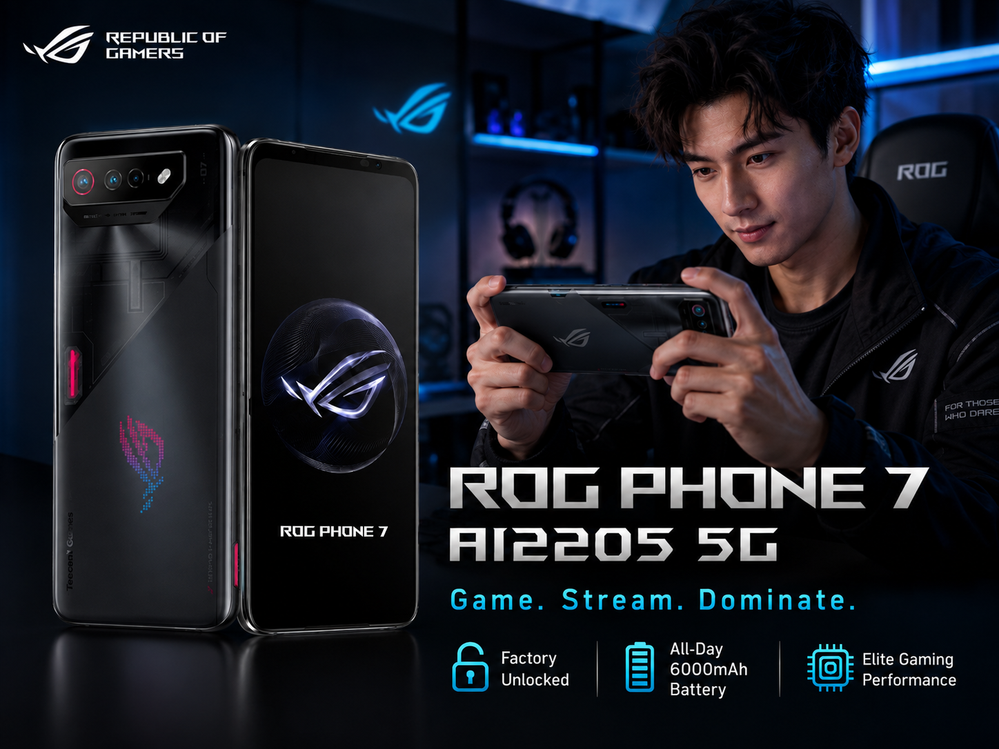 ASUS ROG Phone 7 Black gaming smartphone pair, rear camera module visible; phone shown in hands