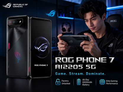 ASUS ROG Phone 7 Black gaming smartphone pair, rear camera module visible; phone shown in hands