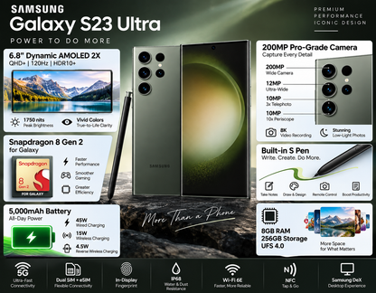 Green Galaxy S23 Ultra with tall display, back cameras, and S Pen stylus