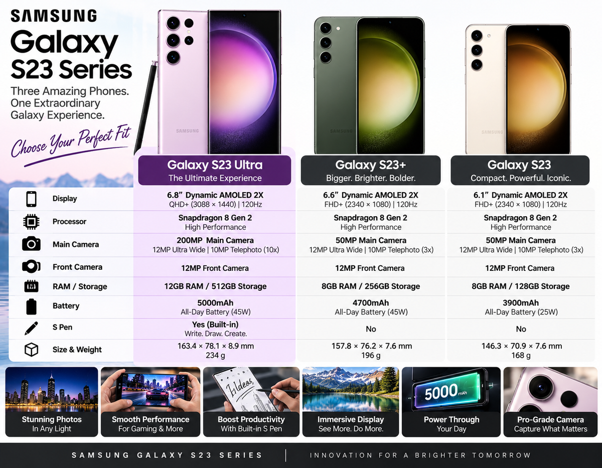 Galaxy S23 Ultra and Galaxy S23 models lineup with front and back phone views