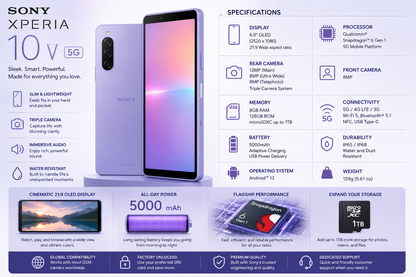 Sony Xperia 10 V XQ-DC72 Lavender smartphone front view with tall screen and vertical rear camera module