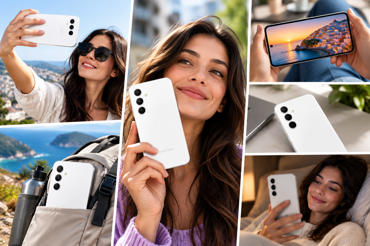 White Samsung Galaxy A54 5G phone held by a person in multiple selfie-style scenes
