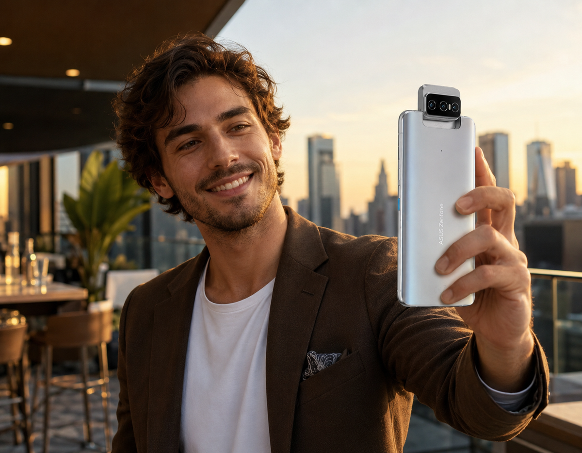 Man holding a silver ASUS Zenfone 8 Flip smartphone with rear camera visible