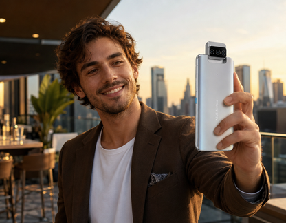 Man holding a silver ASUS Zenfone 8 Flip smartphone with rear camera visible