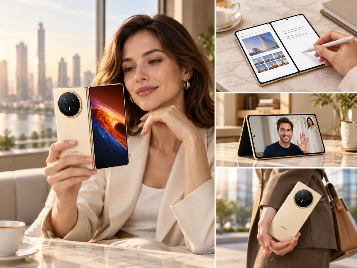 Honor Magic V6 5G Gold foldable smartphone held in hand, showing rear cameras and lit screen