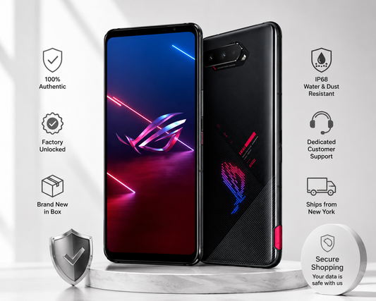 Asus ROG Phone 5s Black gaming smartphone front and back, with IP68 and authenticity icons