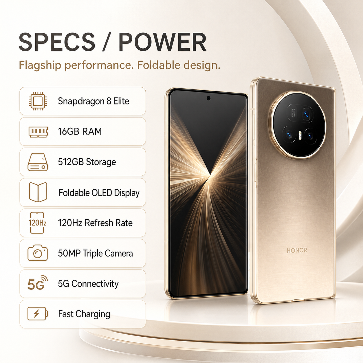 Gold foldable smartphone with front display and rear triple camera, beside specs panel.