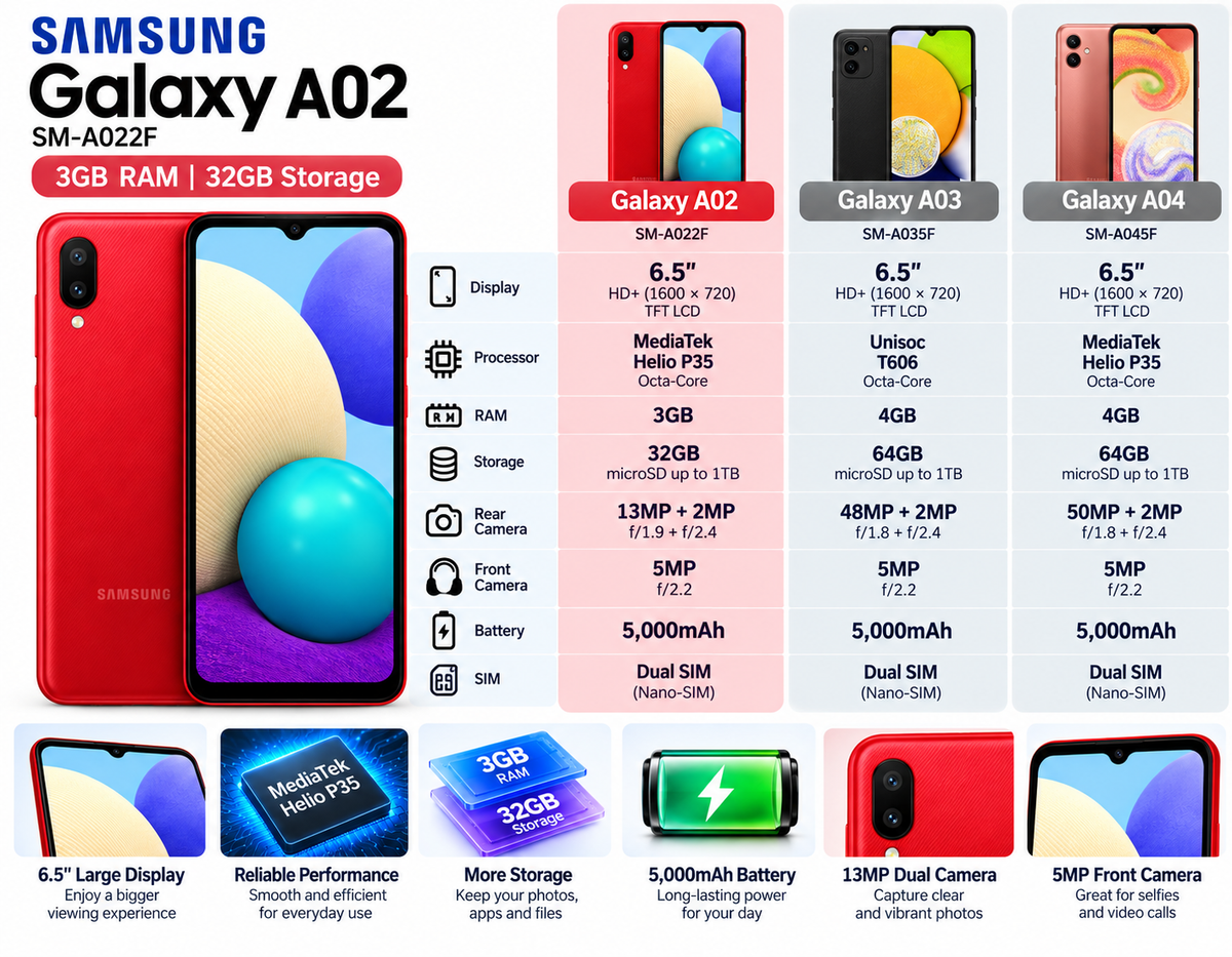 Red Samsung Galaxy A02 smartphone with front display and back camera shown