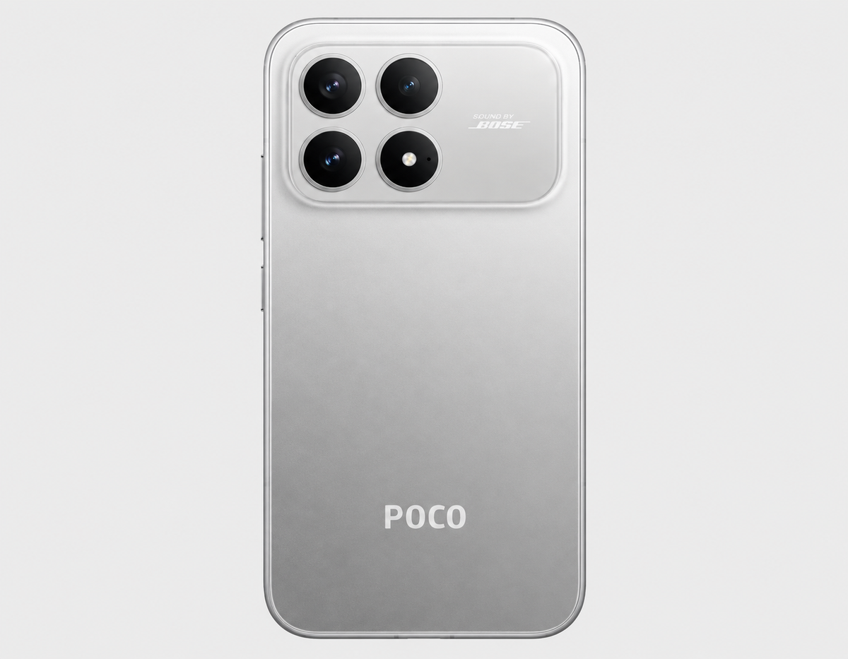 Xiaomi Poco F8 Pro 5G Silver smartphone back view with POCO logo and triple camera lenses