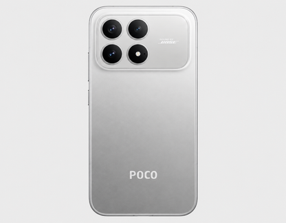 Xiaomi Poco F8 Pro 5G Silver smartphone back view with POCO logo and triple camera lenses