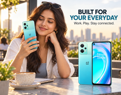 OnePlus Nord CE 2 Lite Blue smartphone held in hand, back facing camera with display visible