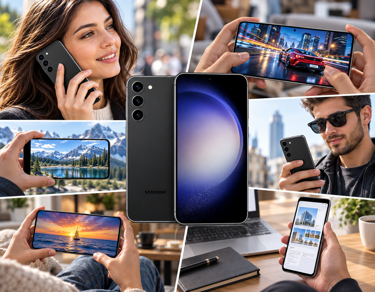 Phantom Black Galaxy S23+ 5G smartphone in hands, screen showing colorful videos