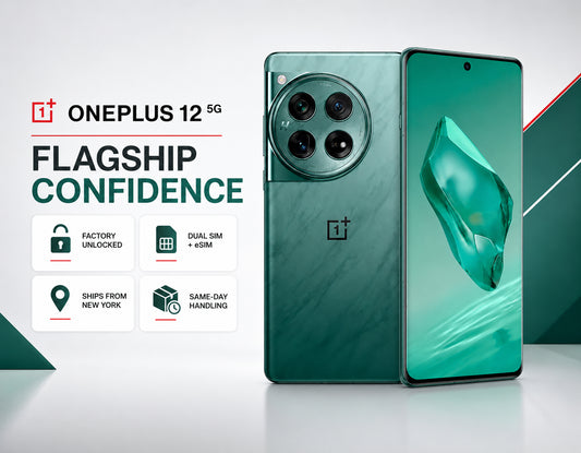 Green OnePlus 12 5G smartphone front and back, screen lit