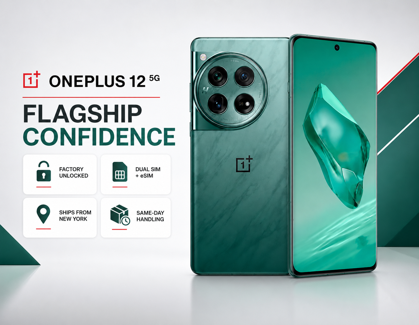Green OnePlus 12 5G smartphone front and back, screen lit