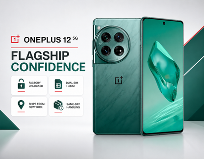Green OnePlus 12 5G smartphone front and back, screen lit