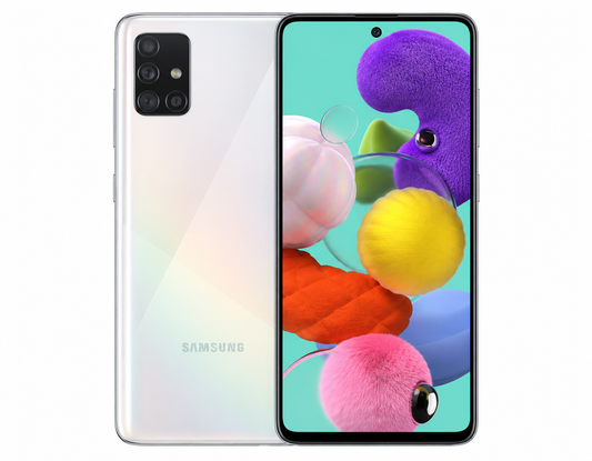 White Samsung Galaxy A51 smartphone with front display and rear triple-camera module