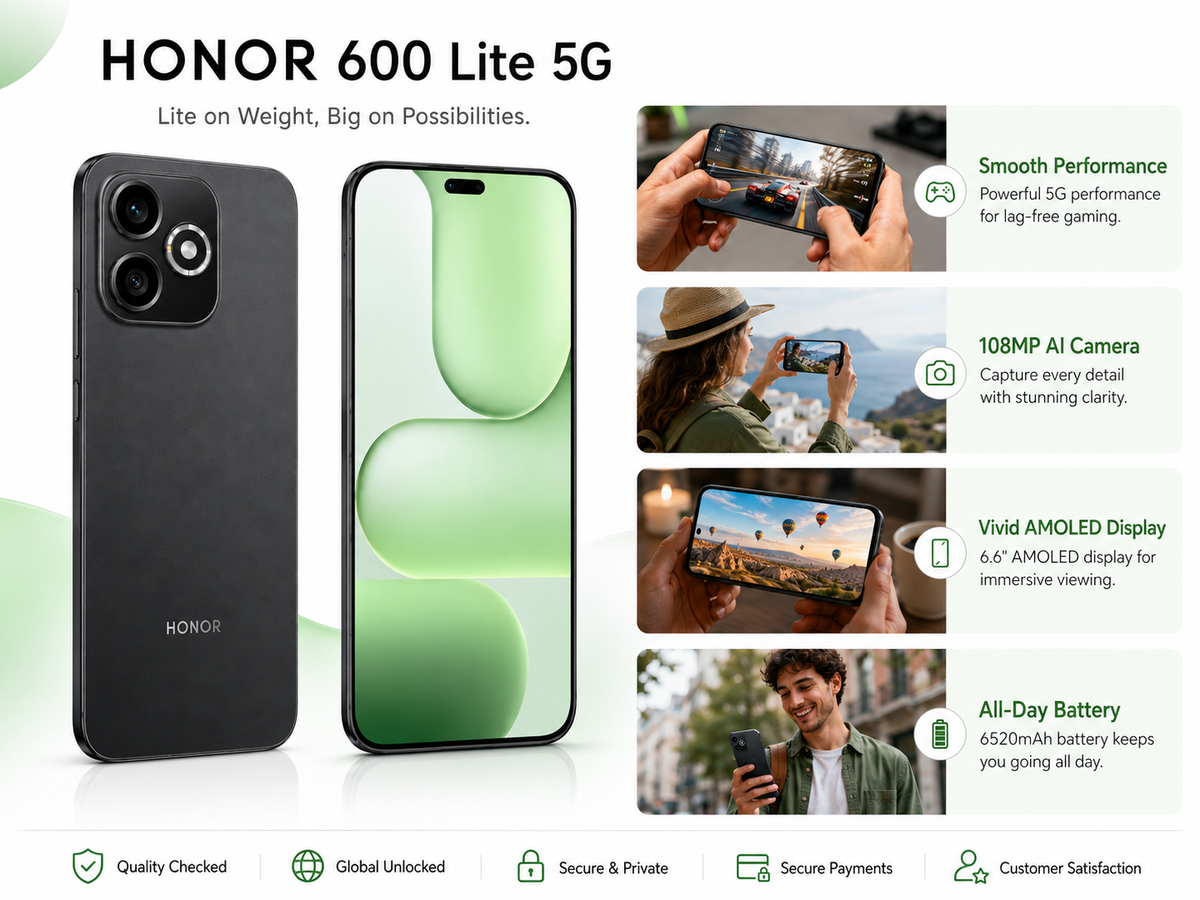 HONOR 600 Lite 5G Black smartphone with green display and feature cards