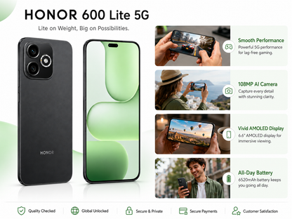 HONOR 600 Lite 5G Black smartphone with green display and feature cards