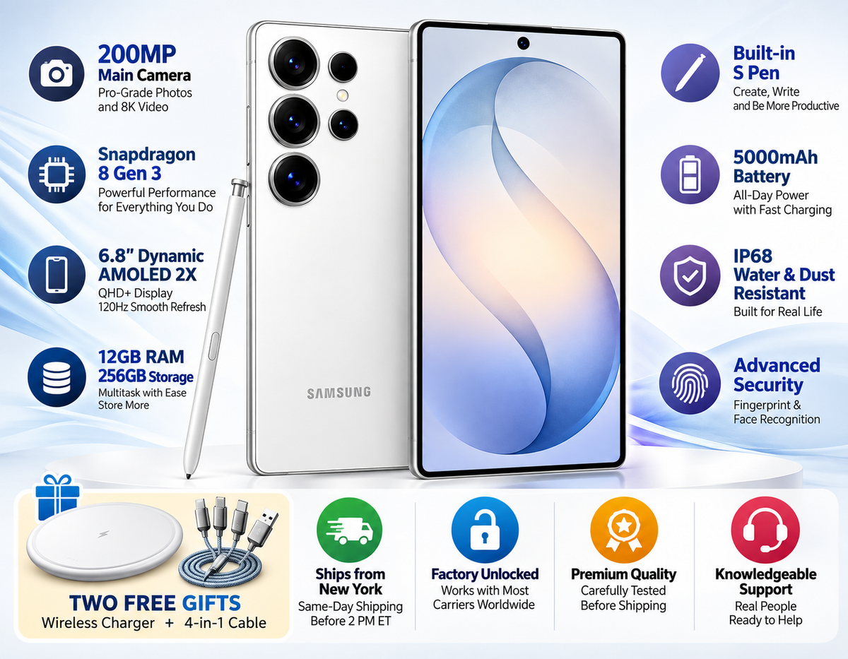 Samsung Galaxy S26 Ultra 5G White Samsung Galaxy phone with spec icons, gifts, and unlock badge graphics