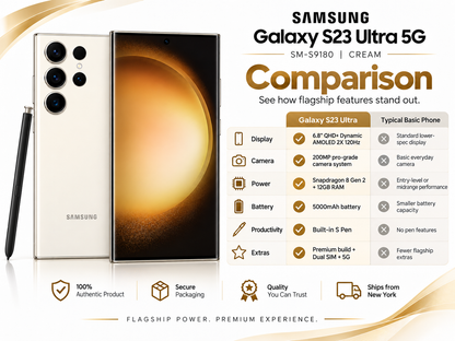Cream Samsung Galaxy S23 Ultra smartphone, front screen and rear quad cameras
