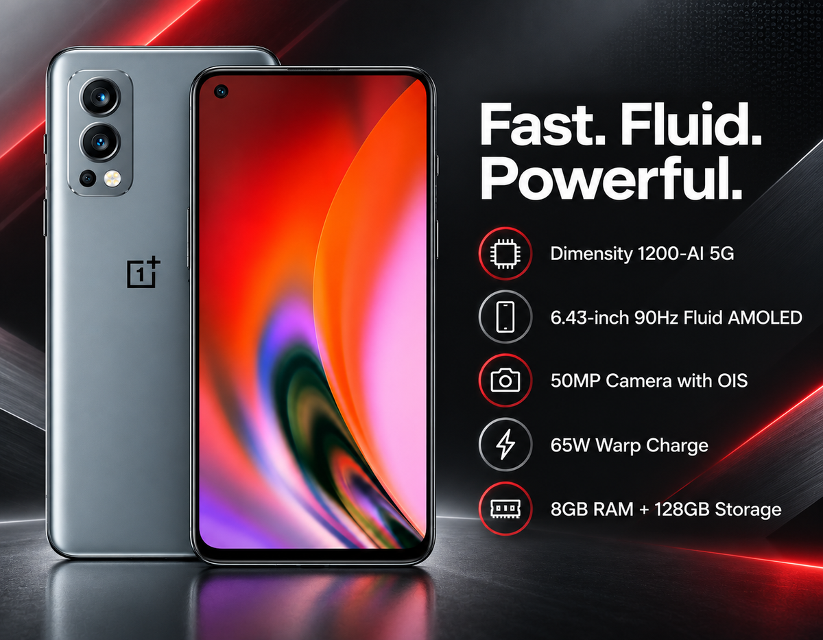OnePlus Nord 2 5G Gray smartphone with bright front display and dual rear cameras, slim design