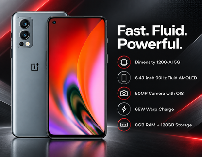 OnePlus Nord 2 5G Gray smartphone with bright front display and dual rear cameras, slim design