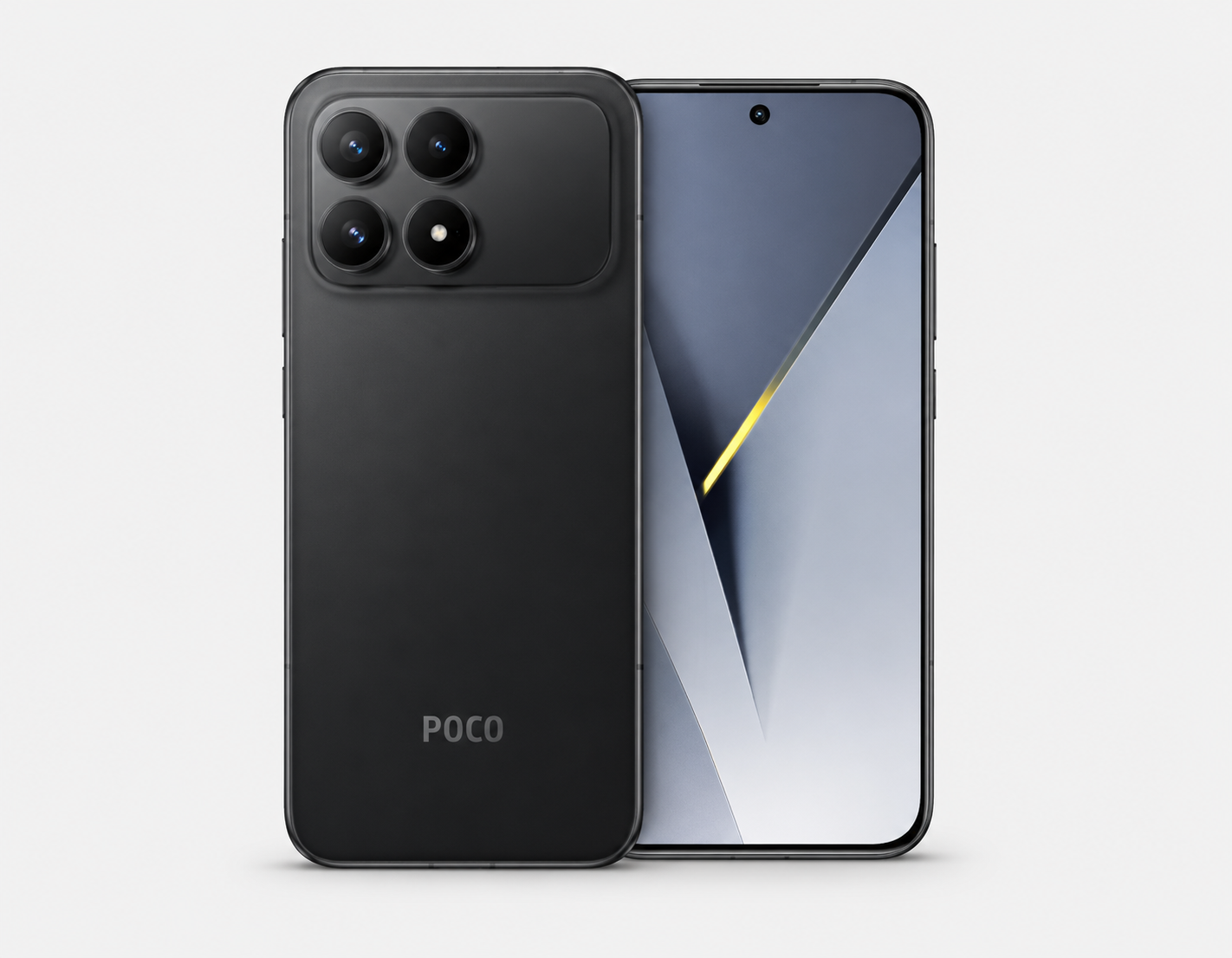 Xiaomi Poco F8 Pro 5G Black smartphone front and back, triple camera and display with geometric design