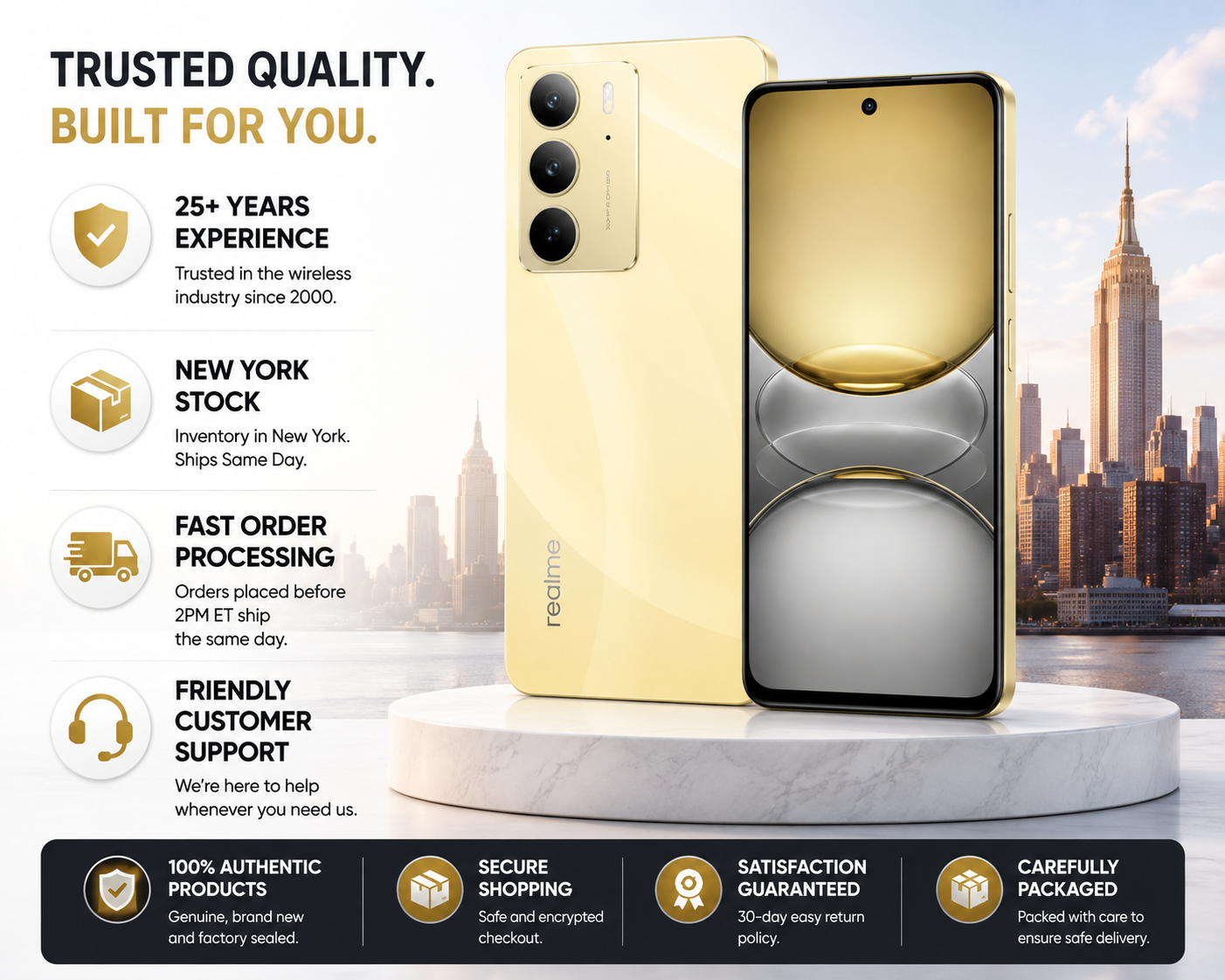 Realme C75 4G  Gold smartphone front and back on pedestal, curved display and triple camera