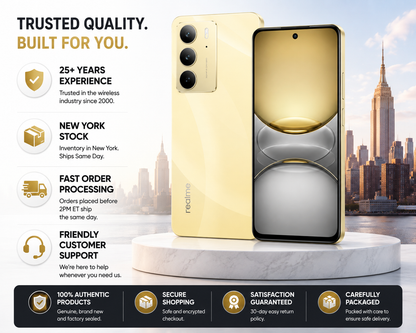 Realme C75 4G  Gold smartphone front and back on pedestal, curved display and triple camera